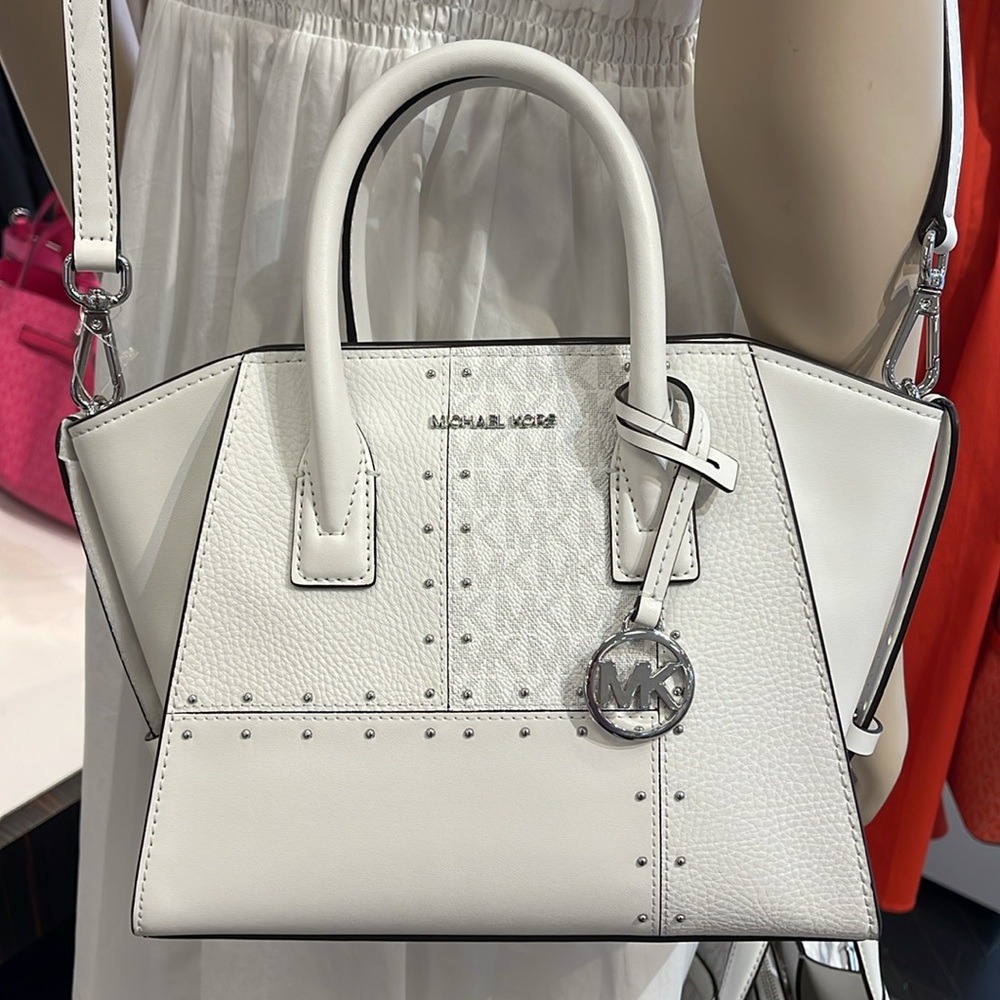 Michael Kors Avril Small Studded Patchwork and Signature Logo Satchel Crossbody - Picture 14 of 16